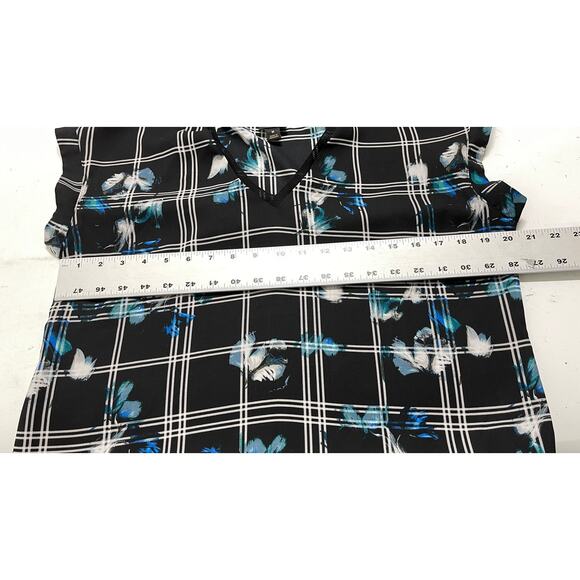 Worthington Top Blouse Women Medium M Black Blue Floral Print Semi Sheer V-Neck - Picture 6 of 7